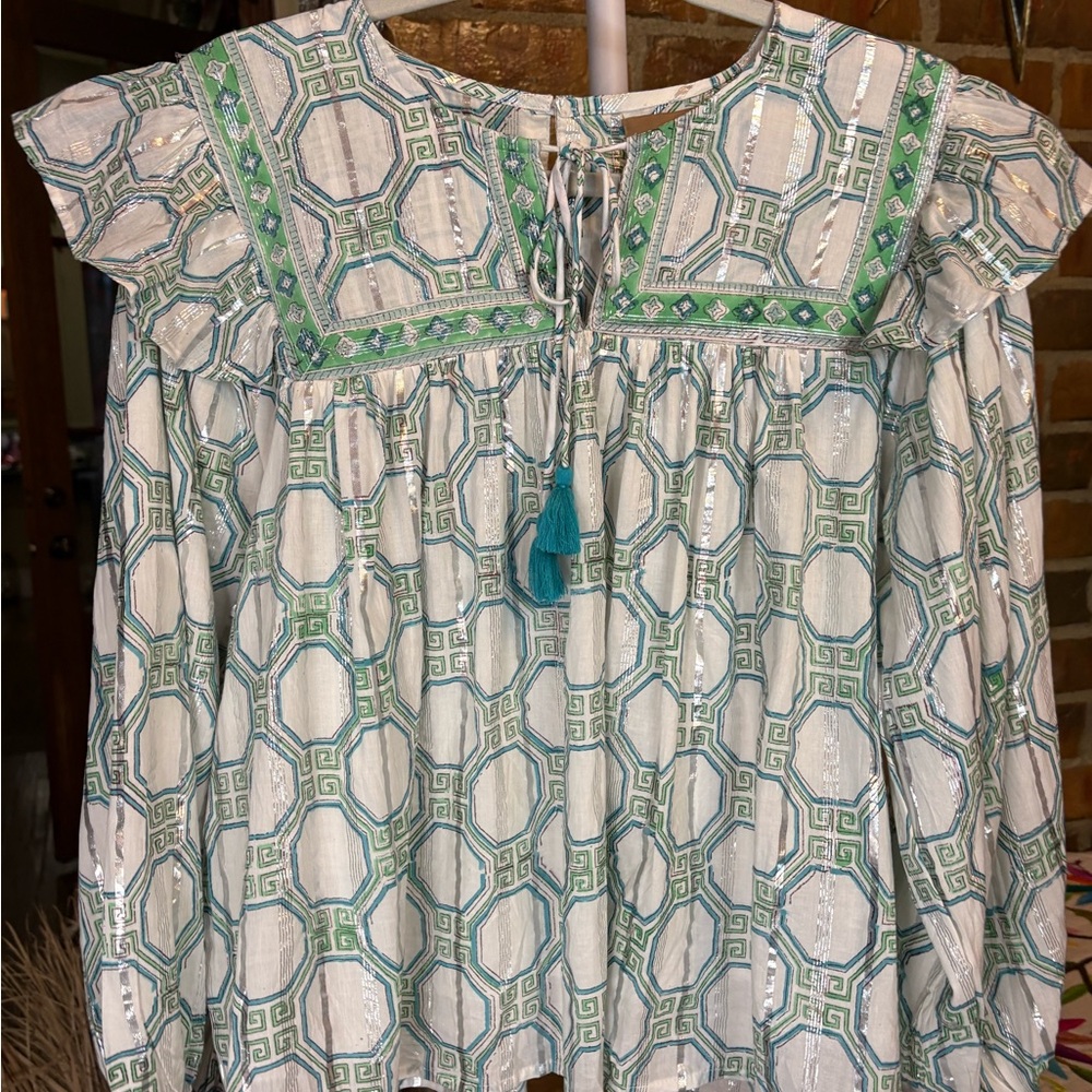 Elegant Blue and Green Geometric Blouse - Picture 2 of 8